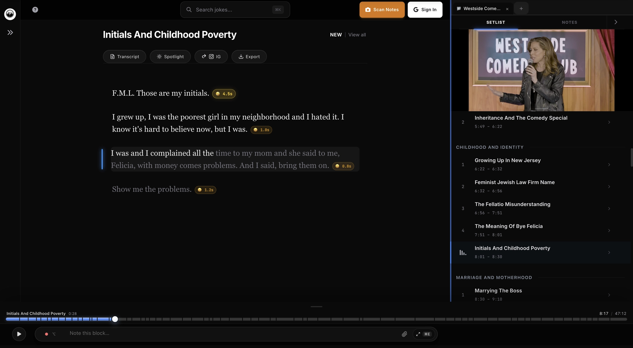 Comedy.OS desktop transcript editor with laugh timing and writing tools